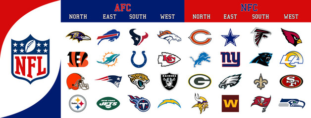 NFL American and Football Conference Division Team Logos. Vector, transparent.